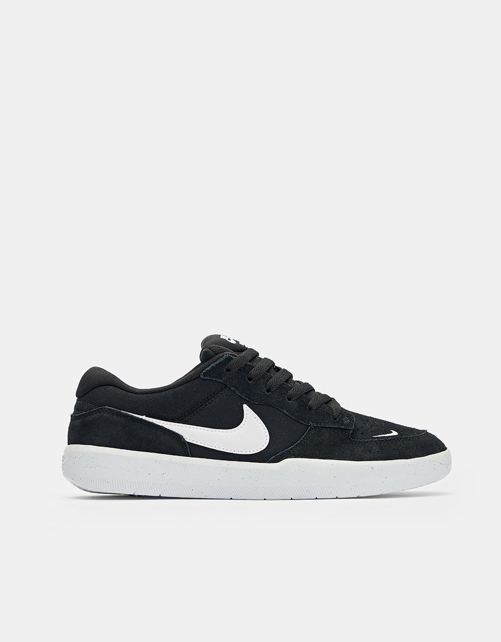 Nike SB Force 58 in Black/White, side view showing a white Swoosh and light-colored sole